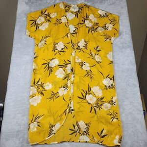 Midnight Sky Kimono Cardigan Womens Size 1X Yellow Floral Chiffon Midi Duster